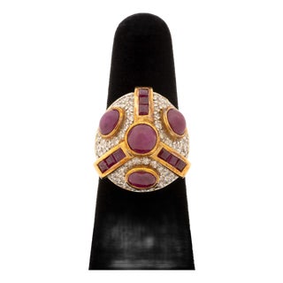 Modernist 18k Yellow Gold Ruby and Diamond Cocktail Ring For Sale