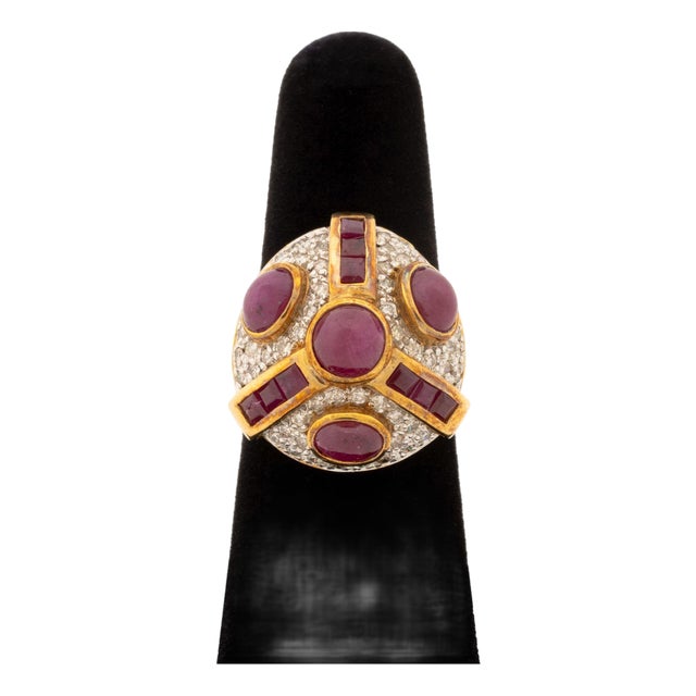 Modernist 18k Yellow Gold Ruby and Diamond Cocktail Ring For Sale