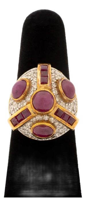 Modernist 18k Yellow Gold Ruby and Diamond Cocktail Ring