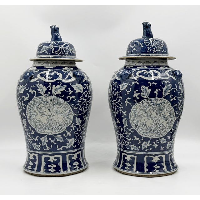 Mid 20th Century Pair of Chinese Style Blue and White Porcelain Temple Ginger Jars For Sale - Image 4 of 18