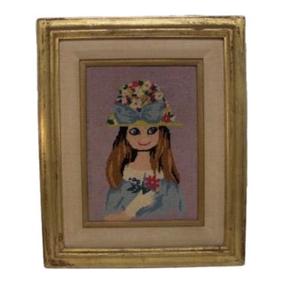 Vintage Needlepoint Portrait of Lady in Floral Hat With Bouquet For Sale