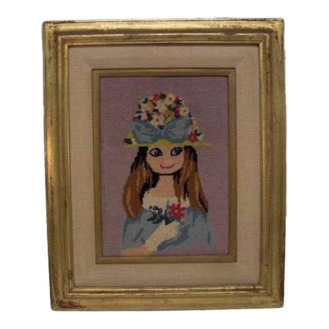 Vintage Needlepoint Portrait of Lady in Floral Hat With Bouquet For Sale
