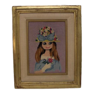 Vintage Needlepoint Portrait of Lady in Floral Hat With Bouquet