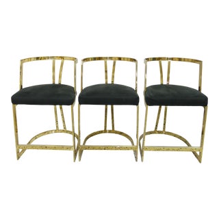 1984 Swaim Furniture Brass and Suede Counter Stools - Set of 3 For Sale