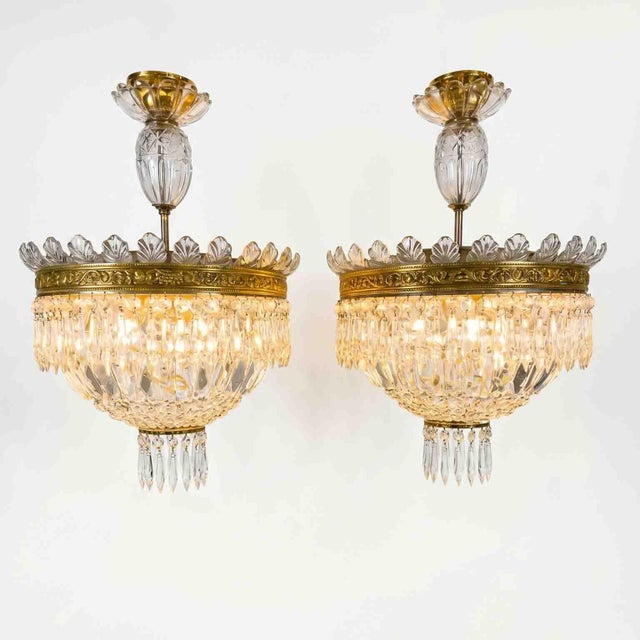 Pair of italian circular crystal and bronze ceiling lights (circa 1960) period: 1960s (second half of the 20th century)...