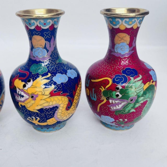 Late 20th Century Set of 4 Vintage Cloisonné Enamel Dragon Vases With Gilt Rims For Sale - Image 5 of 9