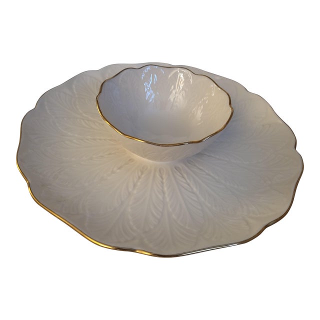 Vintage Lenox Leaf Pattern Chip and Dip Bowl With Tray For Sale