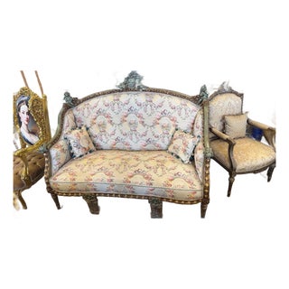 1960s French Louis XVI Style Settee Floral Tapestry Loveseat Carved Giltwood Canapa For Sale