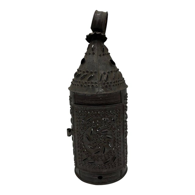 19th Century American Hand Punched Tin Candle Lantern With Pinwheel Motif For Sale
