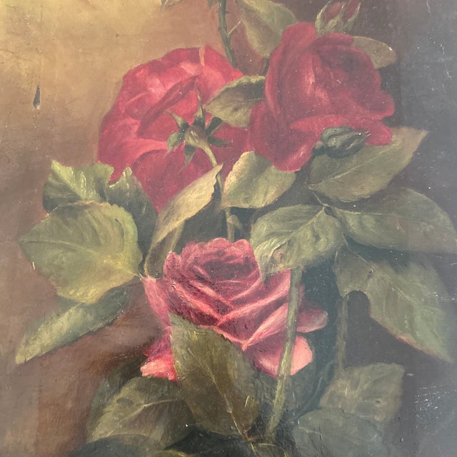 Realism B. Brodeur 1910 French Roses Oil Painting on Canvas For Sale - Image 3 of 5