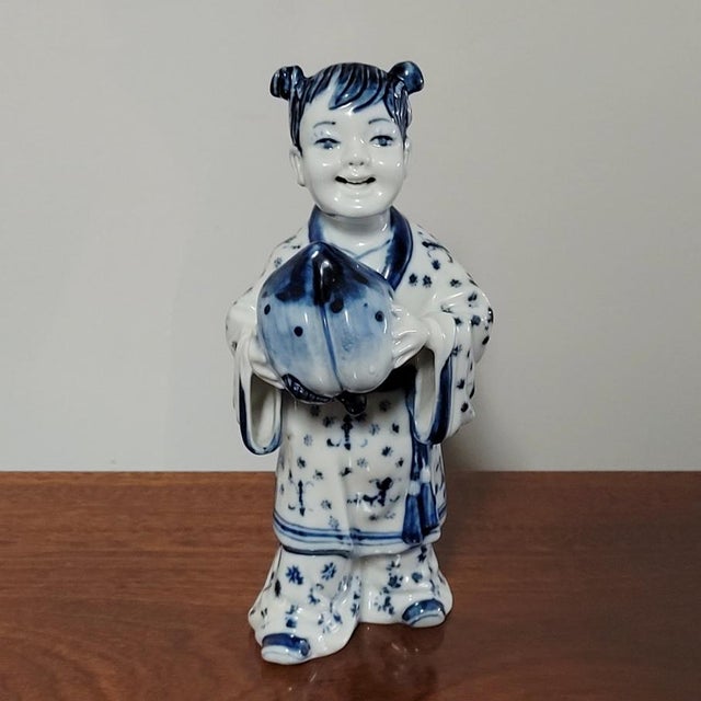 Vintage Taiwanese Blue & White Porcelain Girl Figurine With Peach, 7.5" For Sale - Image 4 of 7