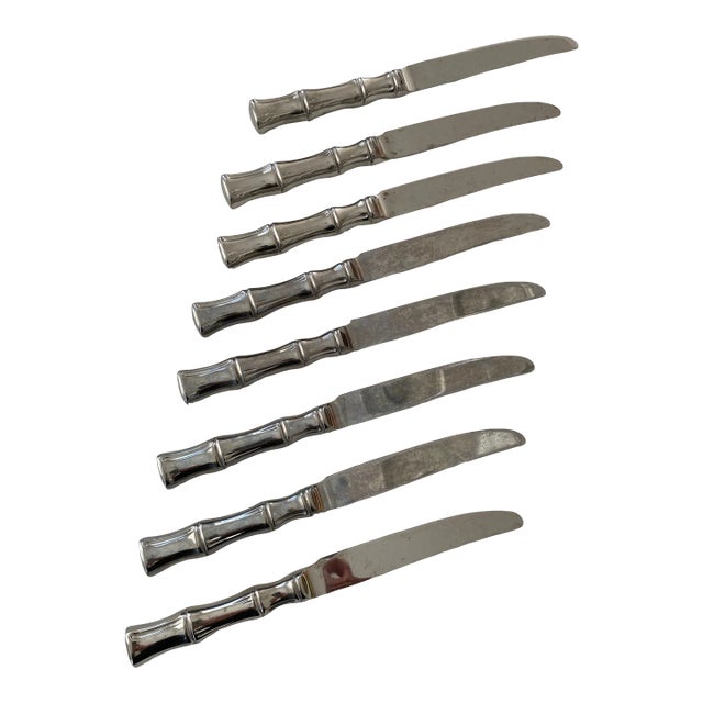 1980s Supreme Stainless Steel Heavy Bamboo Design Set of 8 Knives For Sale