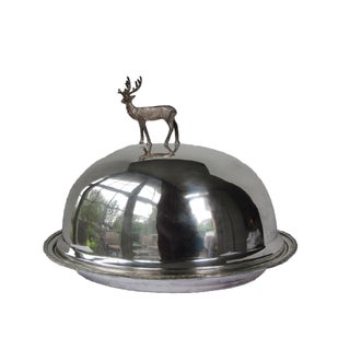 Silver-plate Meat Dome and Tray with Stag Handle For Sale