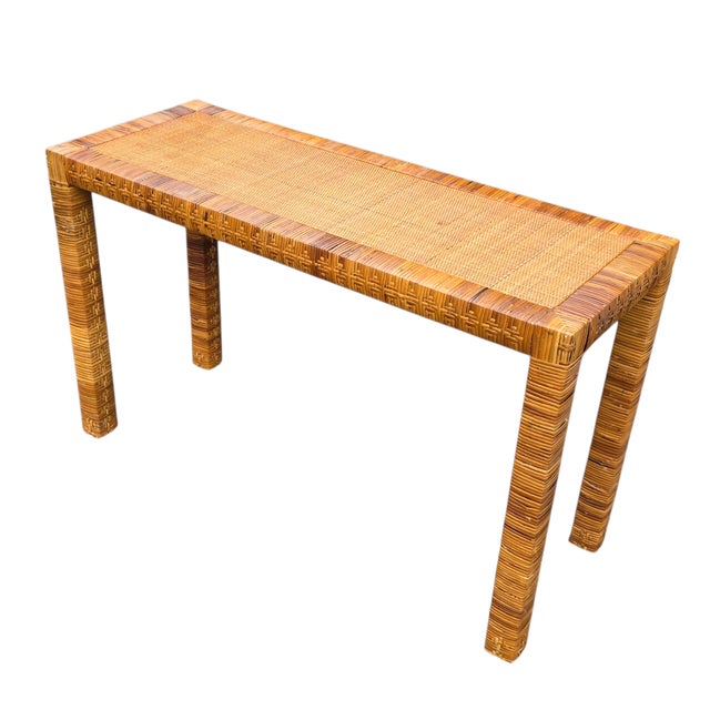 Vintage Coastal Woven Rattan Console Table,in the Style of Bielecky Brothers For Sale - Image 4 of 10