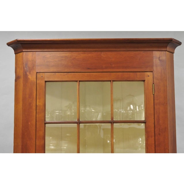 Rustic Antique Colonial Primitive Cherry Wood Glass Front Corner China Cabinet Cupboard For Sale - Image 3 of 18