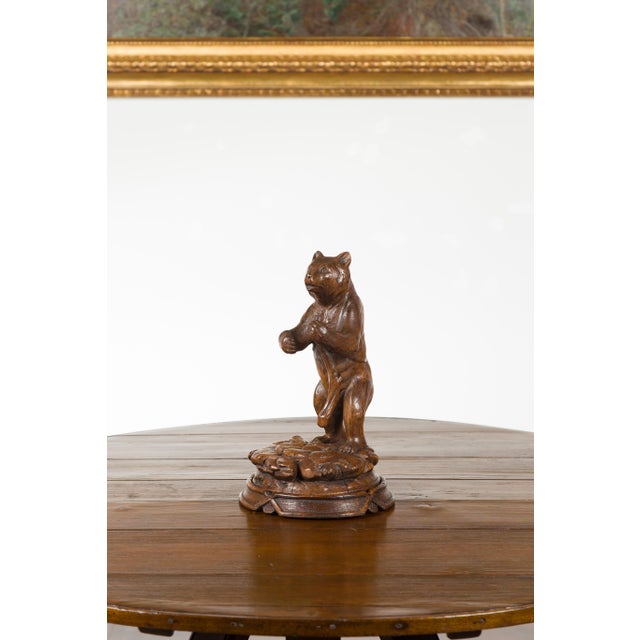 Rustic Black Forest 1890s Carved Wooden Bear Standing on a Circular Base For Sale - Image 3 of 11