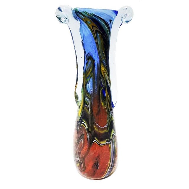 An exceptional, highly collectible hand-blown studio art glass vase crafted by renowned California glass artist Tim Lazer....
