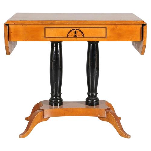 Biedermeier Swedish Drop-Leaf Pedestal Table in Golden Birch Marquetry Ormolu, 1890s For Sale - Image 5 of 5