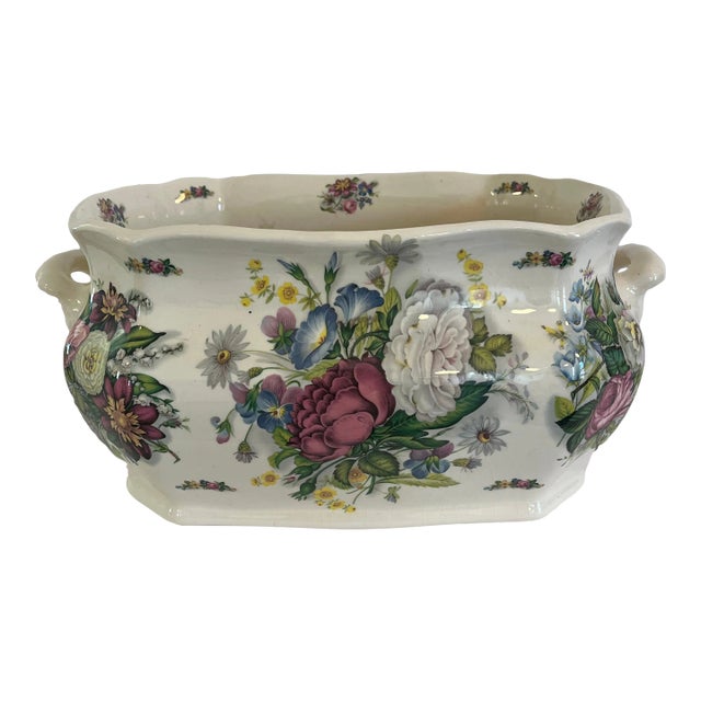 Vintage English Ironstone Porcelain Floral Decorated Cachepot With Handles For Sale