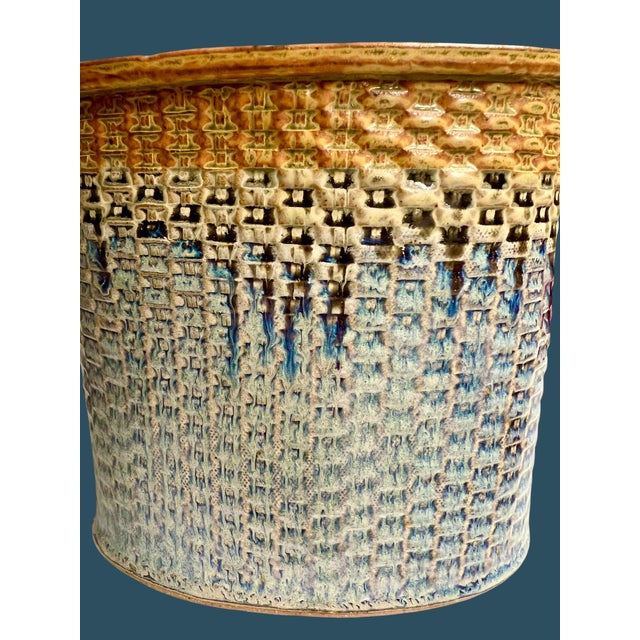 Brad Tucker Studio Pottery Basket Vase North Carolina Blue Brown Textured Glaze For Sale - Image 4 of 10