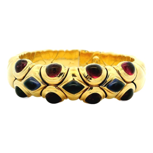 Italian 18k Gold Ruby Sapphire Cabochon Flexible Bangle Bracelet, 82 Grams, Circa 1990 For Sale