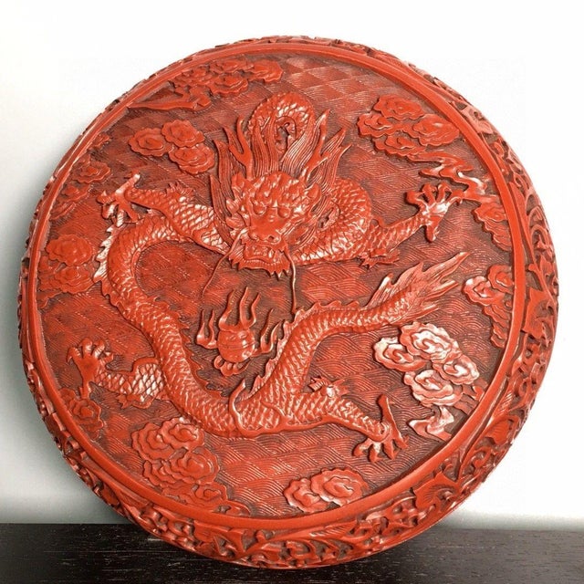 Early 20th Century Carved Cinnabar Lacquer Round Lidded Box, Dragon & Cloud Chinoiserie Decorative Box For Sale - Image 5 of 9