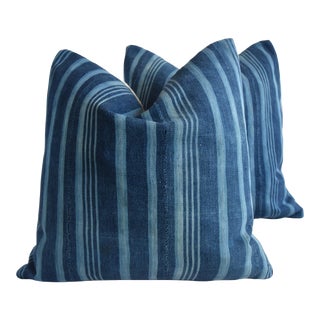 Blue & White Nautical Coastal Beachy Stripe Textile Pillow 19" Square- Pair For Sale
