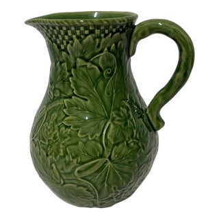 Late 20th Century Bordallo Pinero Majolica Pitcher With Green Grape Leaf Design For Sale