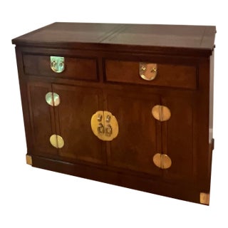 Vintage Henredon Chinoiserie Mahogany Flip-Top Server & Rolling Bar Cabinet For Sale