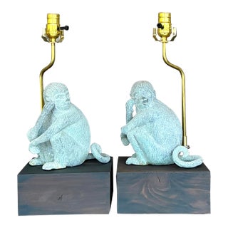 Vintage Boho Patinated Metal Monkeys Lamps - A Pair For Sale