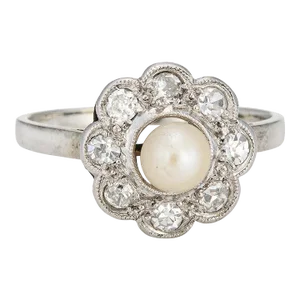 Antique Edwardian Pearl Diamond Cluster 18k White Gold Ring, Size 6