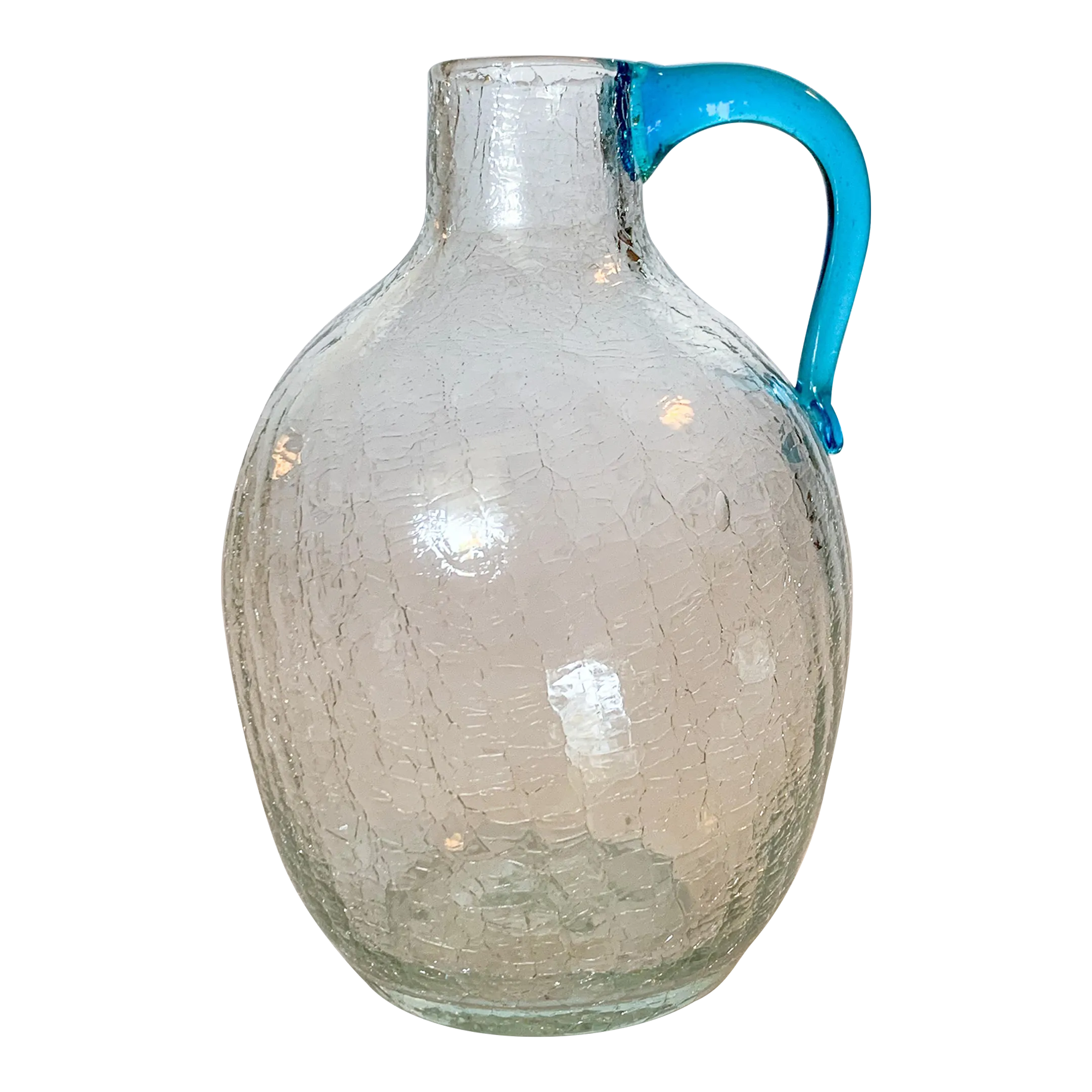 1950s Blenko #417 Clear Crackle Blown Glass Jug, Blue Handle