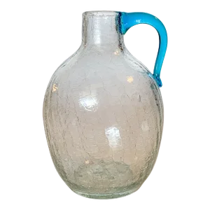 1950s Blenko #417 Clear Crackle Blown Glass Jug, Blue Handle