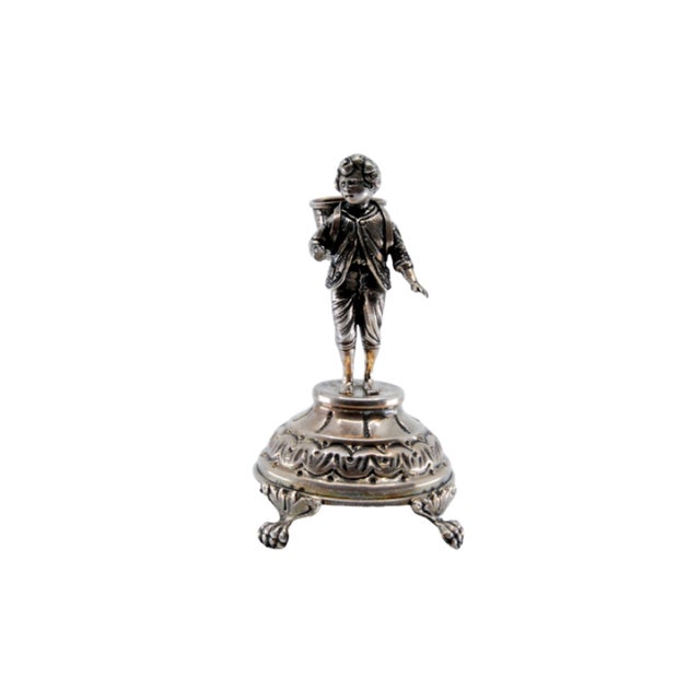 Metal Silver Toothpick Holder with Boy Carrying Basket For Sale - Image 7 of 7