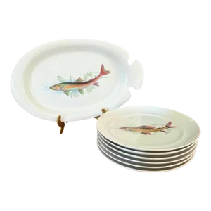 French Limoges Porcelain Fish Platter Set With 6 Plates, Circa 1930