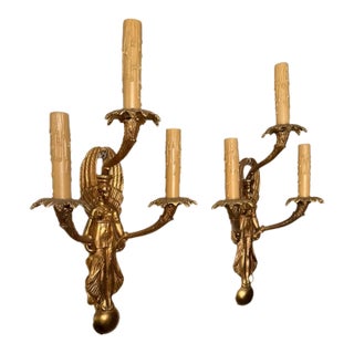 19th Century French Neoclassical Style Bronze Angel Sconces - Pair For Sale