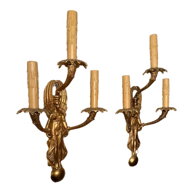 19th Century French Neoclassical Style Bronze Angel Sconces - Pair For Sale