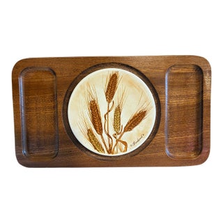 Vintage Goodwood Teak and Ceramic Tile Serving Tray, Wheat Motif, Japan For Sale