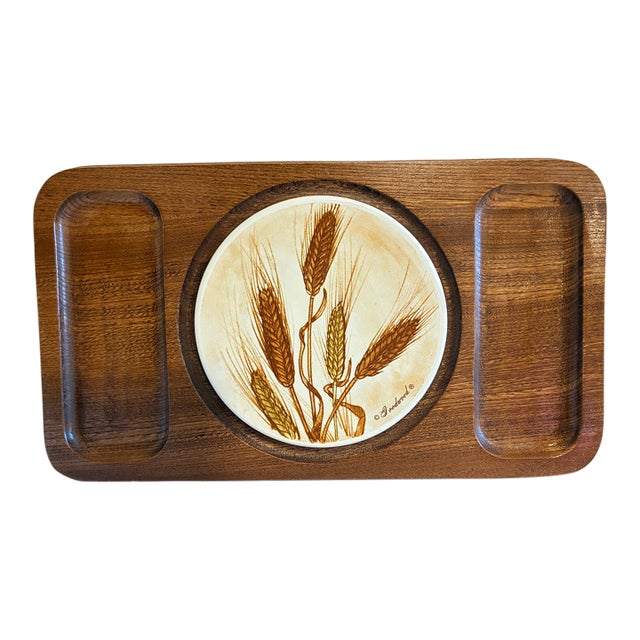 Vintage Goodwood Teak and Ceramic Tile Serving Tray, Wheat Motif, Japan For Sale