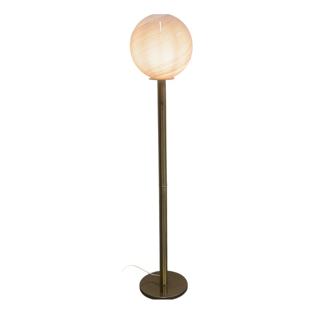Large Italian Brass Floor Lamp with Swirled Murano Glass Globe, 1970s For Sale