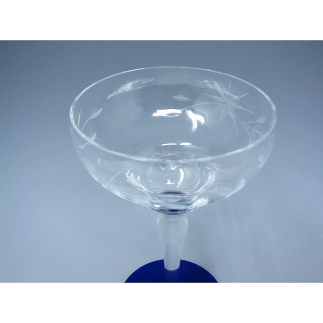 Vintage 1930s Weston Cut Glass Liquor Cocktail Goblets With Floral Design and Cobalt Foot - 7 Pieces For Sale - Image 9 of 13