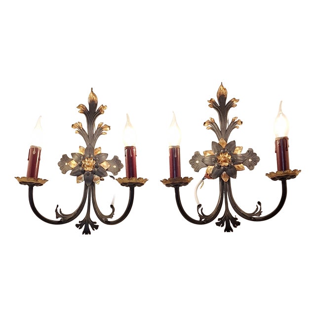 Vintage Rustic Wall Lamps with Wrought Iron Frame, 1970s, Set of 2 For Sale