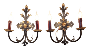 Vintage Rustic Wall Lamps with Wrought Iron Frame, 1970s, Set of 2