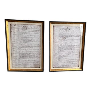 Antique 1700s Framed French Chateau Property Transaction Documents - A Pair For Sale