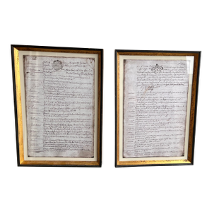 Antique 1700s Framed French Chateau Property Transaction Documents - A Pair