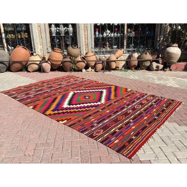 This beautiful, vintage, handwoven kilim is approximately 50 years old. It is handmade, of very fine quality hand spun...