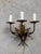 Pair of Spanish gold gilt 3-candle sconces with leaf motif designs. Newly rewired with new wax candle covers 15”l x 9”d x...