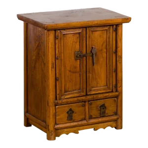 Chinese Qing Dynasty 19th Century Elmwood Side Cabinet with Doors and Drawers