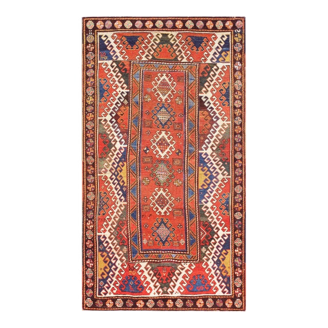 1870s Red Diamond Zig Zag Antique Caucasian Bordjalou Kazak Rug 4'3" X 7'5" Handknotted Wool Carpet For Sale