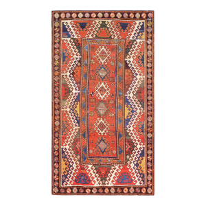 1870s Red Diamond Zig Zag Antique Caucasian Bordjalou Kazak Rug 4'3" X 7'5" Handknotted Wool Carpet
